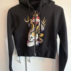 Ed Hardy Black Cropped Graphic Zip-Up Hoodie
